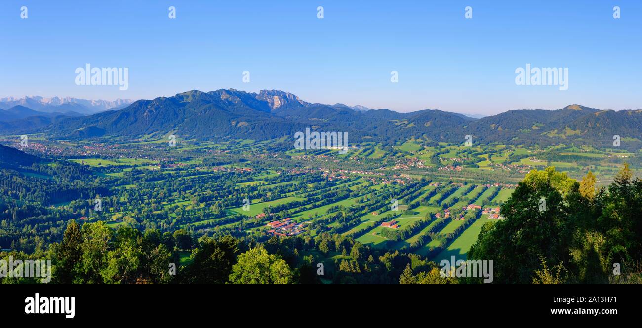 Panorama from Sonntraten near Gaissach over the Isar valley, natural monument hedgerow country, left Lenggries and Karwendel Mountains, middle Stock Photo
