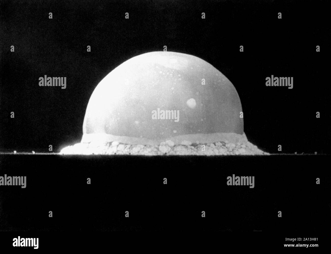An explosive fireball of the first nuclear bomb test, code name Trinity, July 16, 1945. Stock Photo