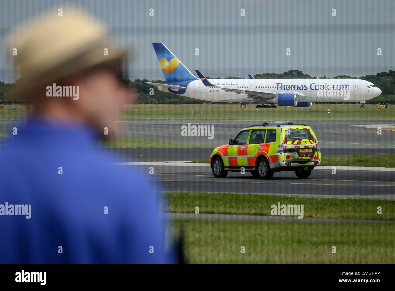 (File image) Thomas Cook Boeing-767 jetliner departs Manchester International Airport, Great Britain. As reported on Monday, 23 Sep 2019, Thomas Cook Group Plc, the 178-year travel company that became one of the U.K.’s best-known brands, has collapsed under a pile of debt, leaving tens of thousands of British tourists stranded across Europe. Stock Photo