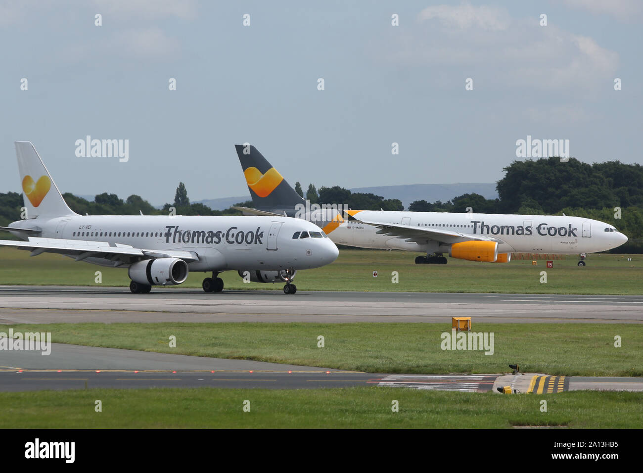 (File images) Thomas Cook aircraft captured at Manchester International Airport, Great Britain. As reported on Monday, 23 Sep 2019, Thomas Cook Group Plc, the 178-year travel company that became one of the U.K.’s best-known brands, has collapsed under a pile of debt, leaving tens of thousands of British tourists stranded across Europe. Stock Photo