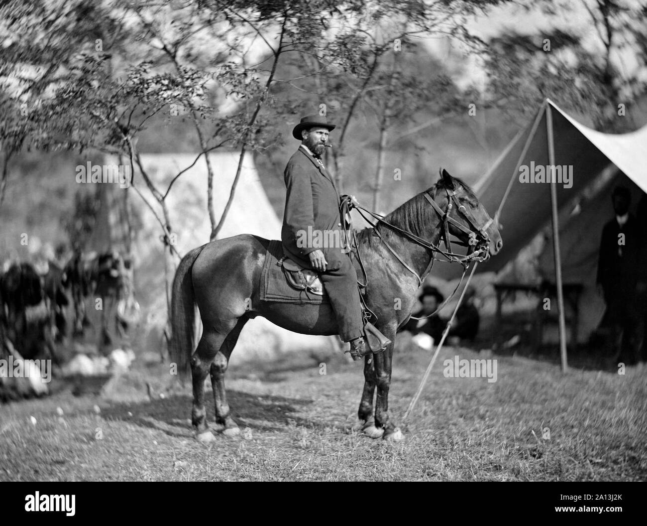 Civil War photo of Allan Pinkerton seated on a horse during teh Battle of Antietam. Stock Photo