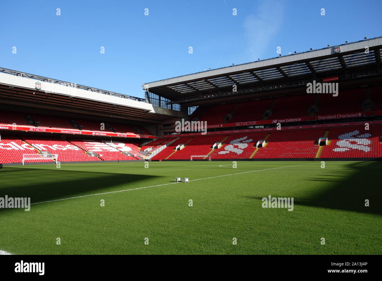 Empty Anfield pitch on a summer's day Stock Photo