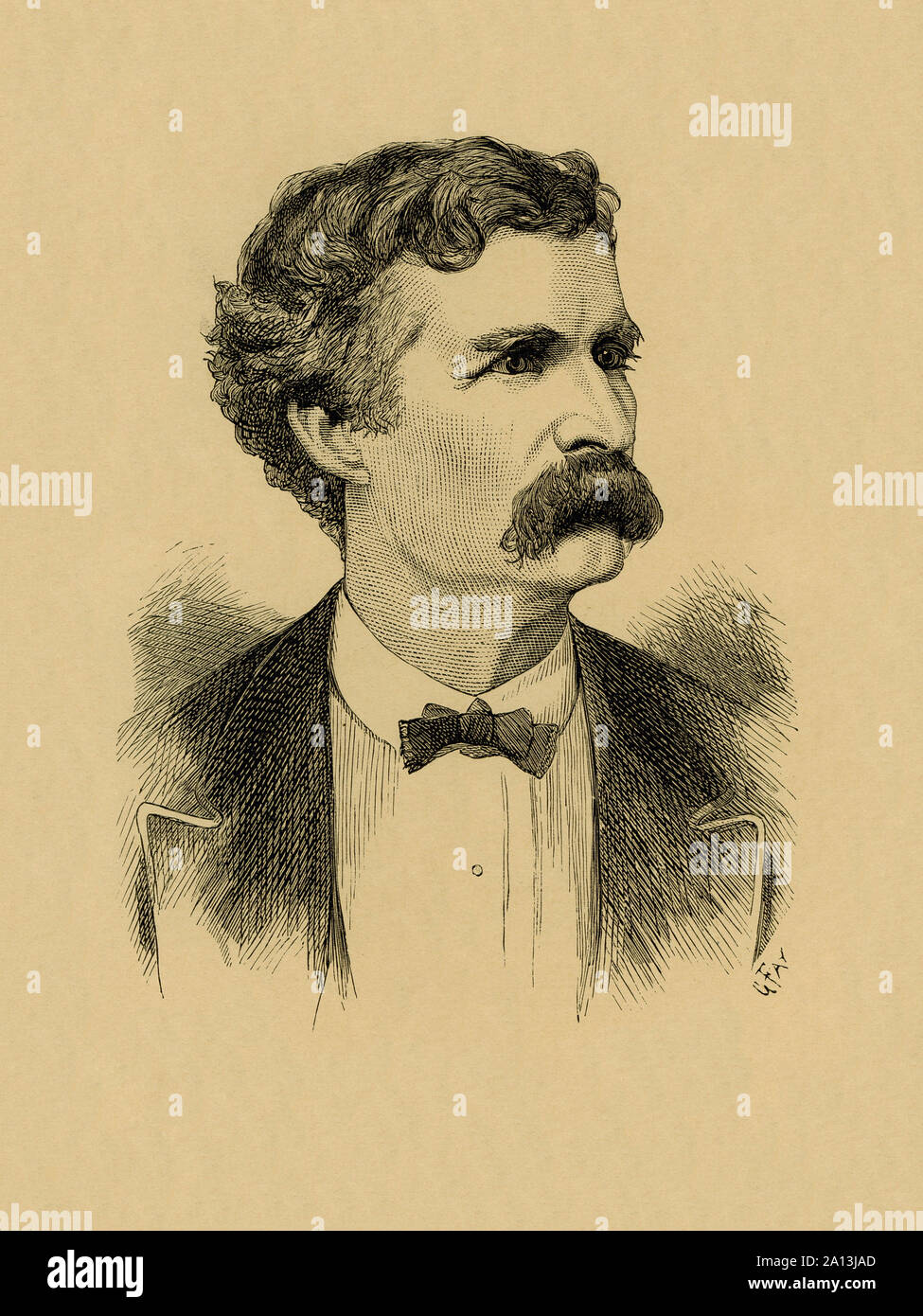 An engraved portrait print of Mark Twain. Stock Photo