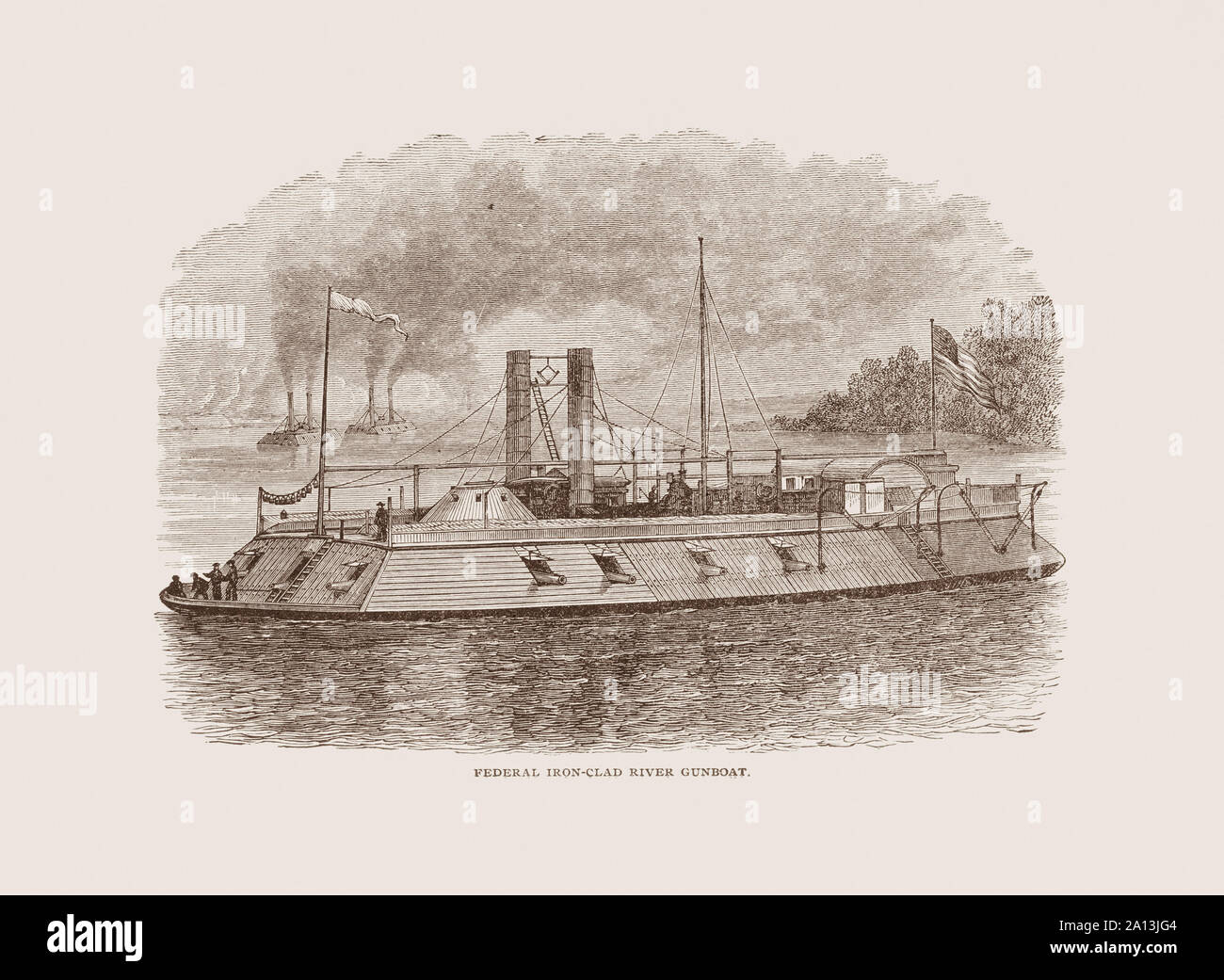 American Civil War history engraved print of a Union ironclad river gunboat. Stock Photo