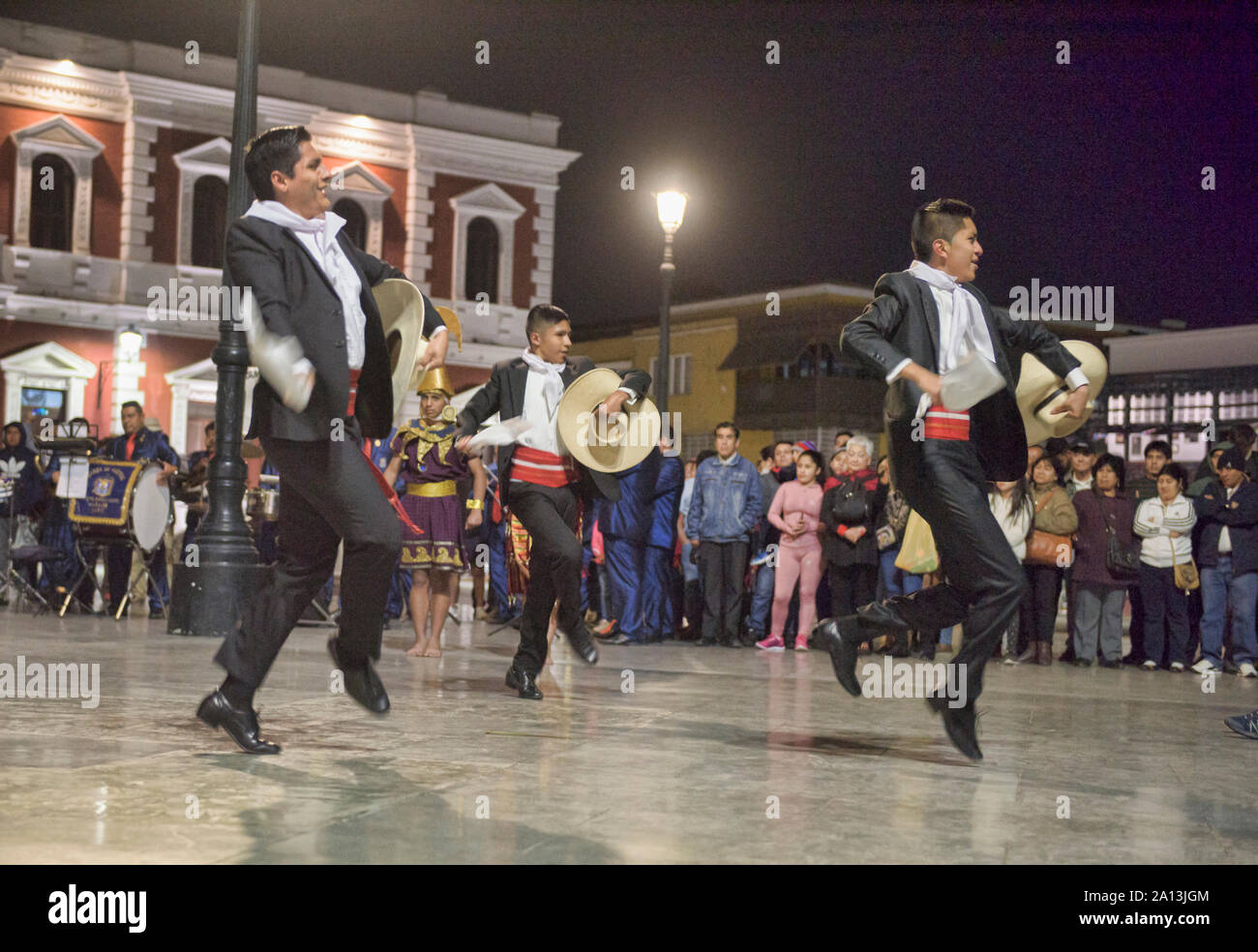 Dancing the marinera in the Plaza de Armas in Trujillo, Peru Stock