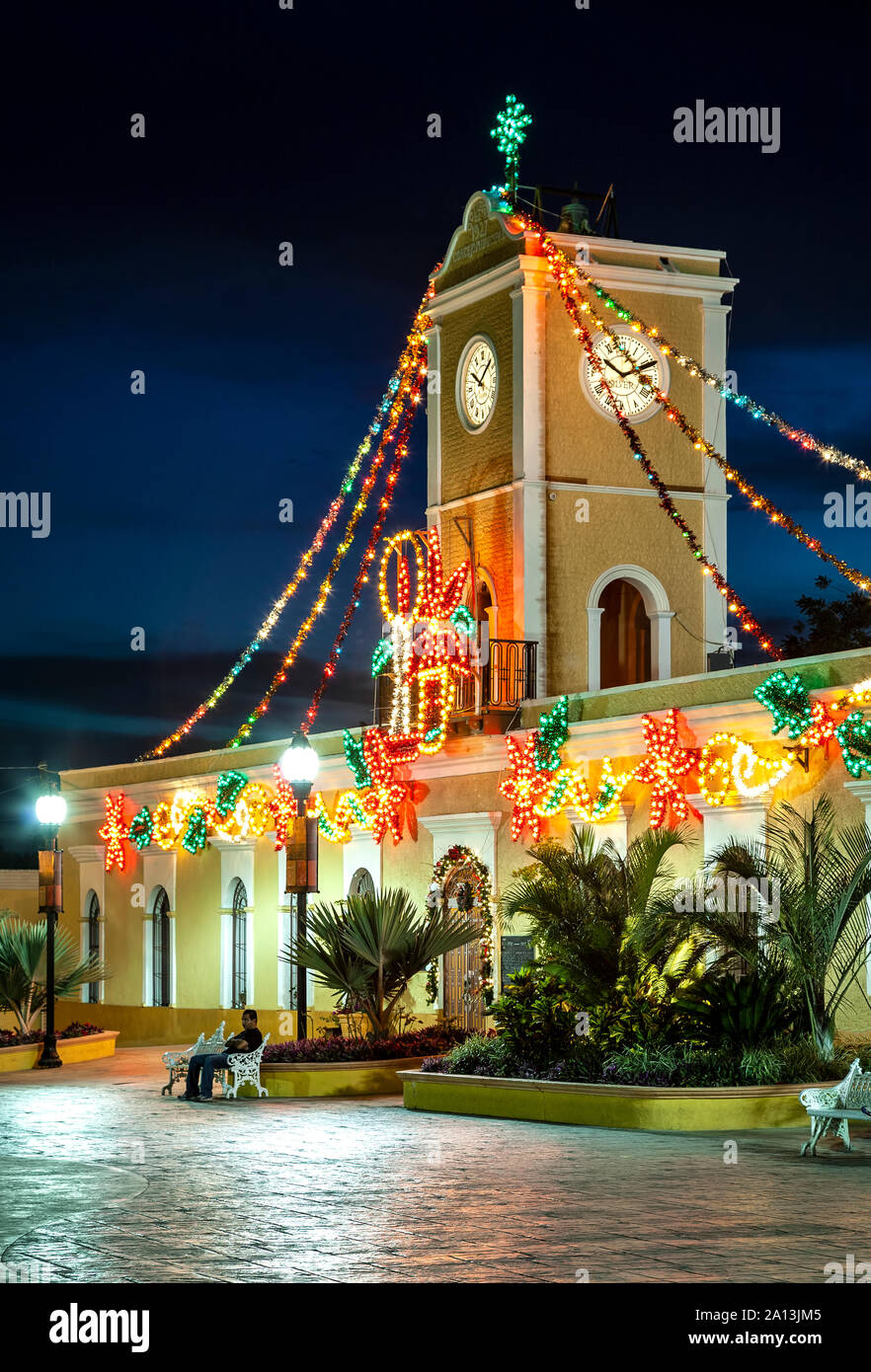 Municipal building decorated with Christmas lights, San Jose del Cabo, Baja California Sur