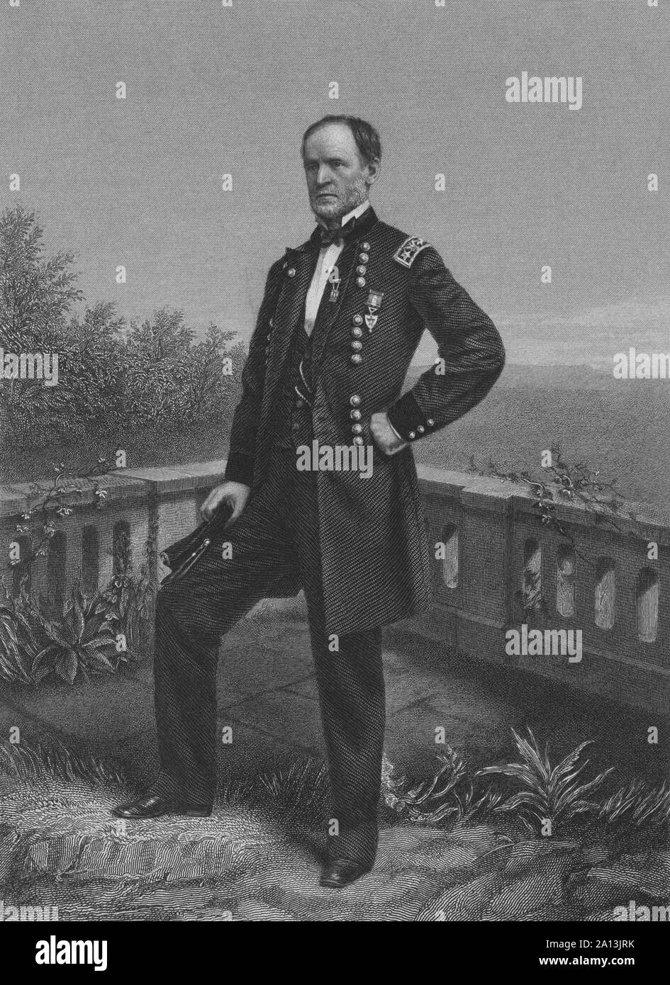 Full length engraving of Union General William Tecumseh Sherman. Stock Photo