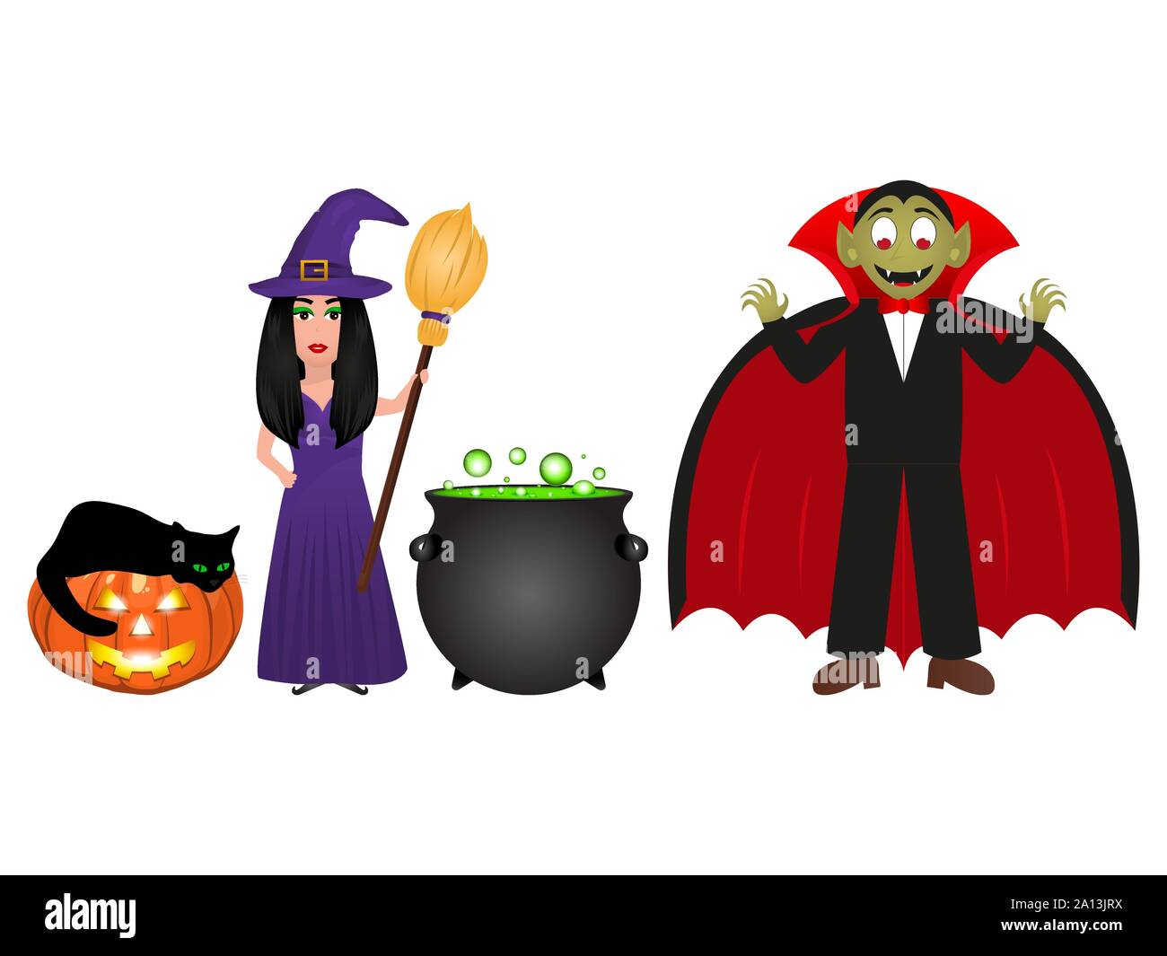 Halloween witch with potion potion and pumpkin lantern on a white Stock Vector
