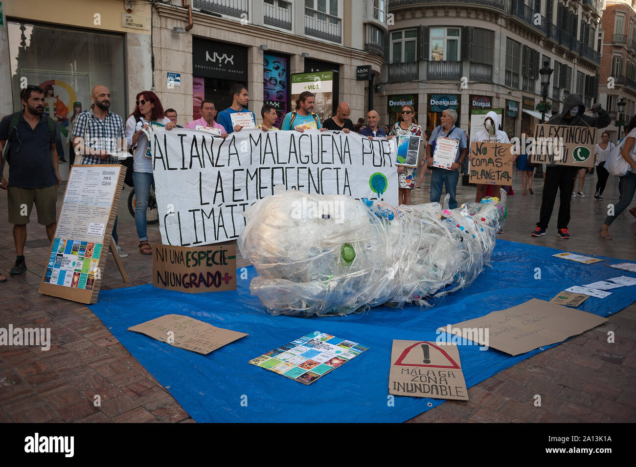 A sperm-whale made of plastics and wastes during the protest.Members of 'Malaga's alliance for the climate emergency' made a performance denouncing the extinction of species caused by climate change and plastics pollution as part of events marking the 'Climate Week' in relation to global climate strikes. Stock Photo