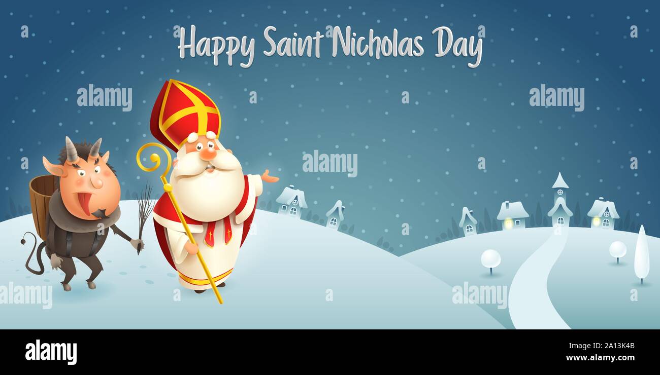 Saint Nicholas and Krampus are coming to town winter scene dark