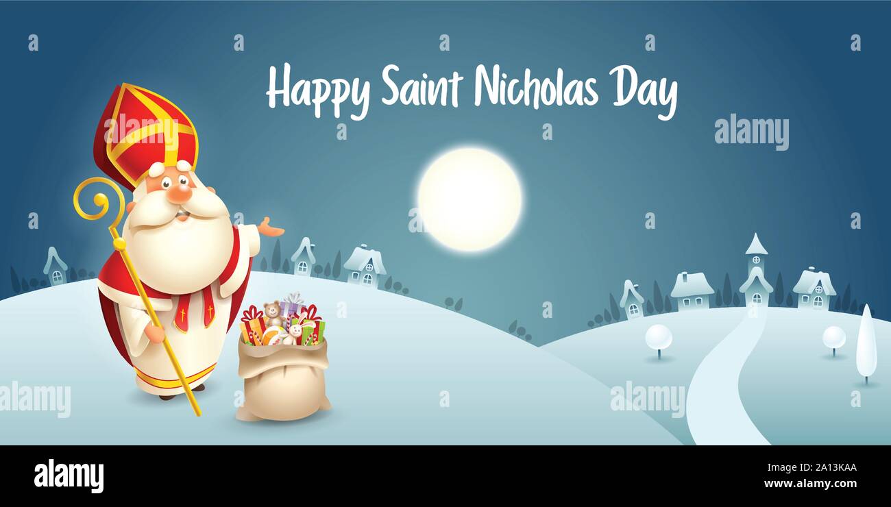 Happy Saint Nicholas day - winter scene greeting card or banner - dark night background Stock Vector