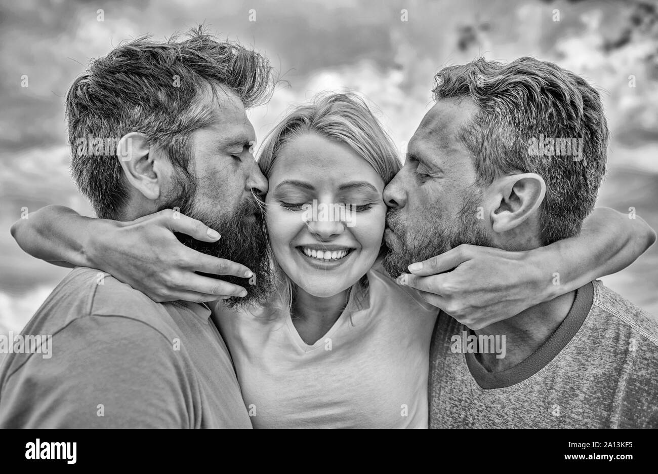 Men fall in love with same woman. She likes male attention. Girl hugs