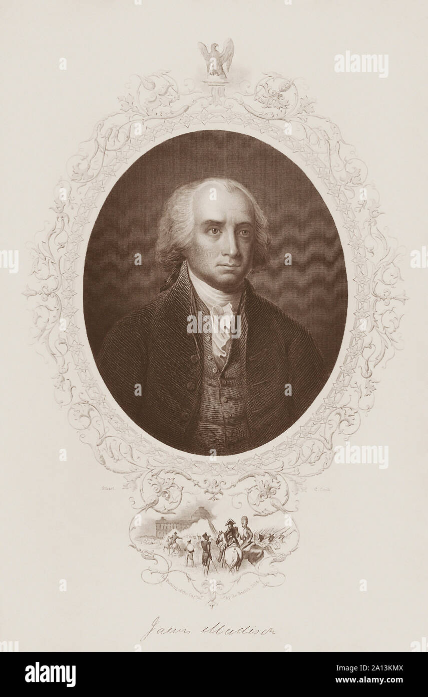 Engraved portrait of the 4th President of the United States, James Madison. Stock Photo