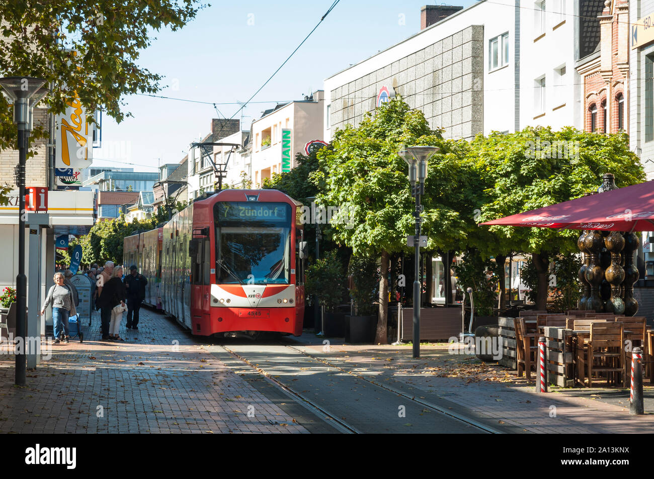 Tram passing through the pedestrian zone in Frechen, near Cologne, NRW, Germany Stock Photo