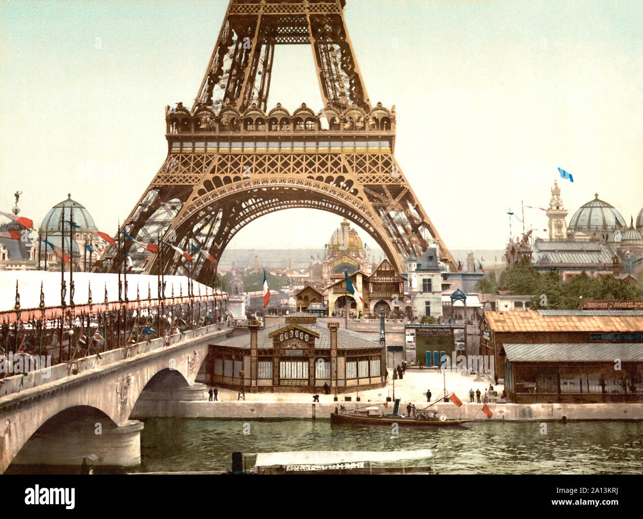Vintage photochrom image of the Eiffel Tower during the Exposition Universelle, 1900. Stock Photo
