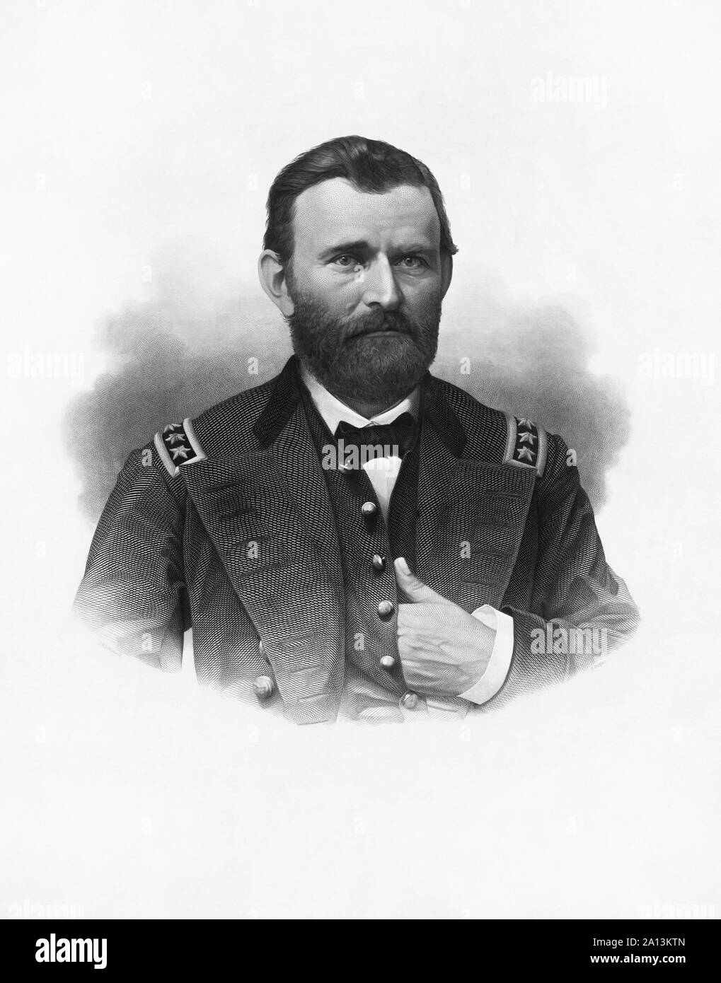 An engraving of the 18th President of the United States, Ulysses S. Grant in his generalâ€™s uniform. Stock Photo