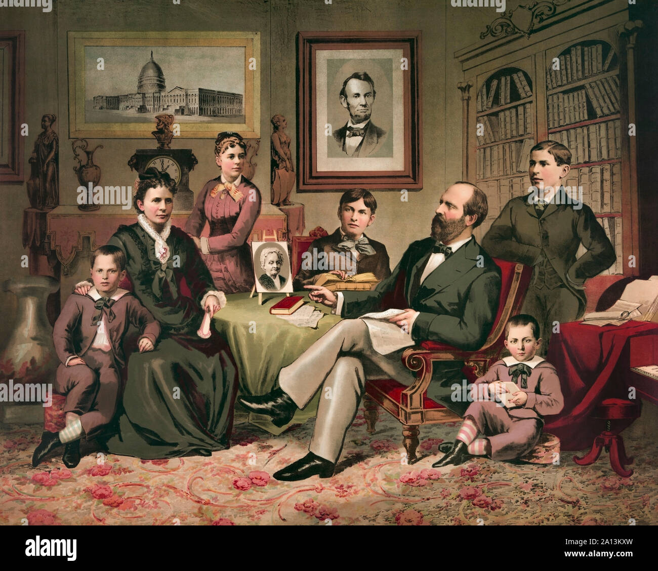 Portrait of President Garfield and his family in their parlor. Stock Photo