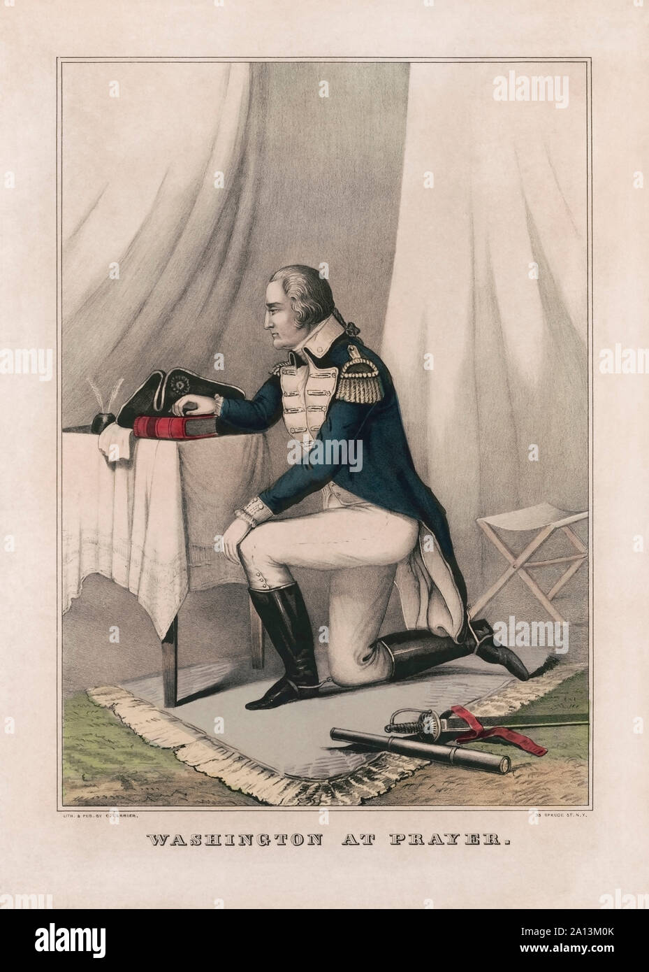 Military history print of General George Washington at prayer in his tent before battle. Stock Photo