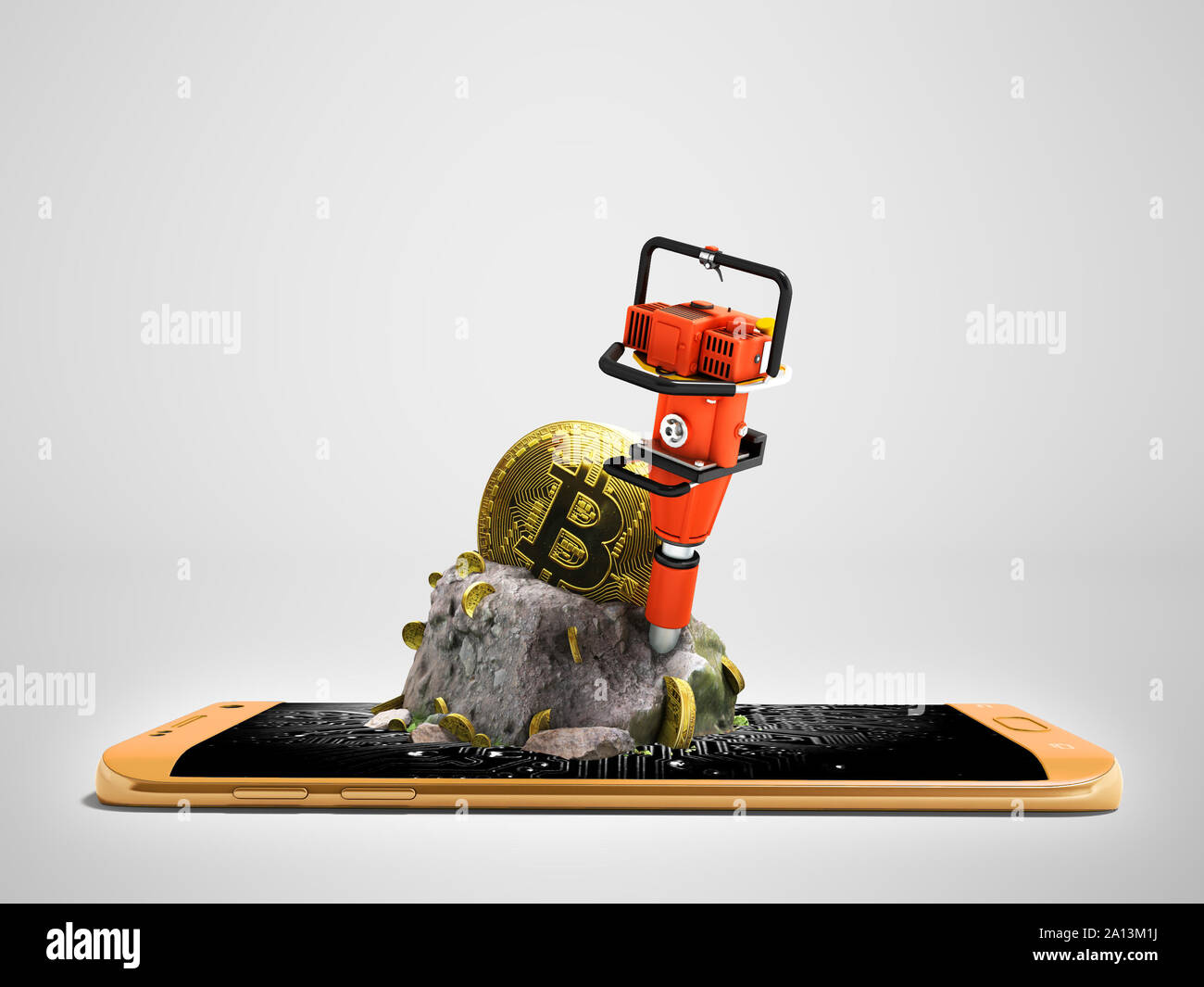 Modern concept of mining bitcoin with a bump from the orange phone in front  3d render on a gray background with a shadow Stock Photo - Alamy