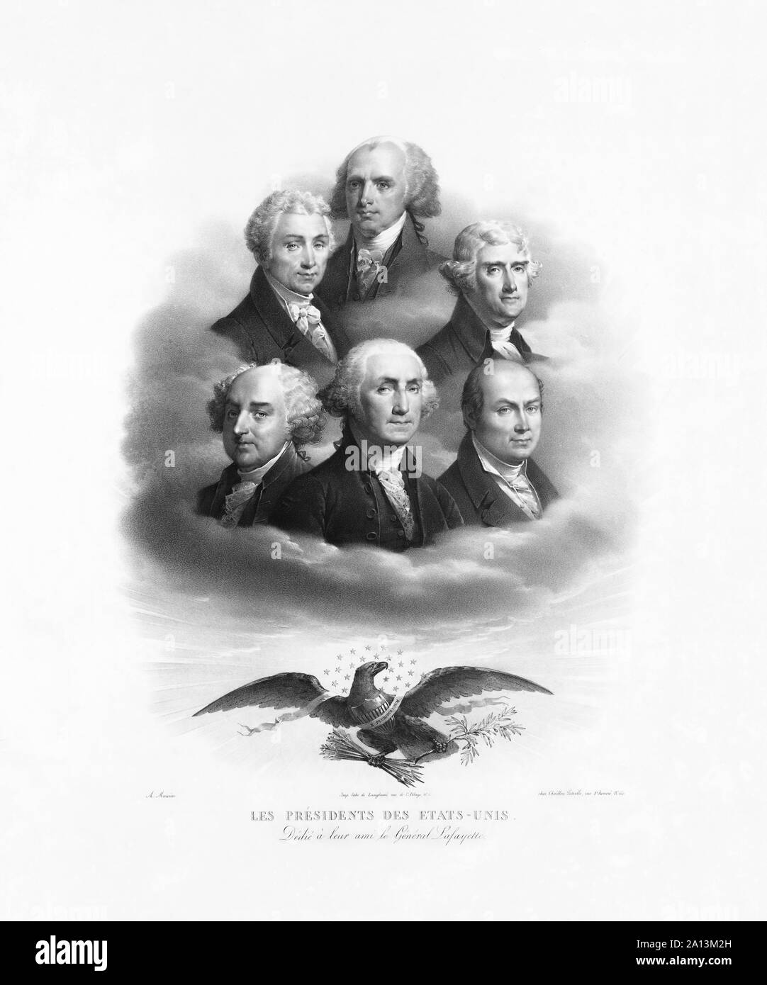 Portraits of Presidents George Washington, John Adams, Thomas Jefferson, James Madison, James Monroe, and John Quincy Adams. Stock Photo