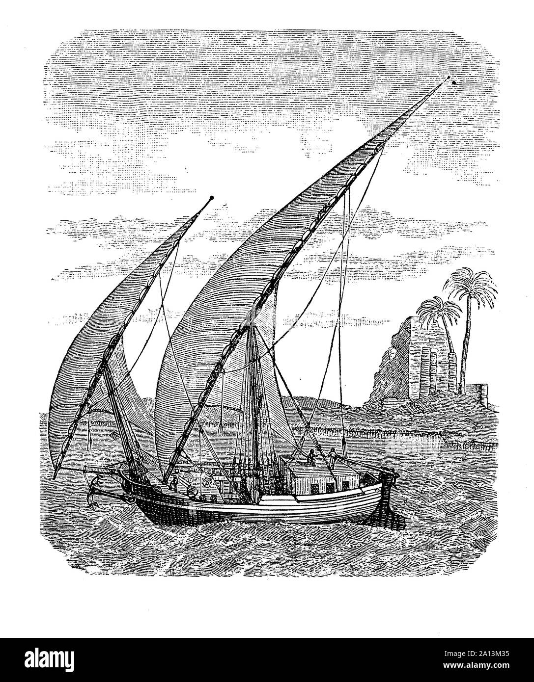 Lateen-rigged felucca, traditional Egyptian boat lght, small and maneuverable cruising the Nile river, 17th century Stock Photo