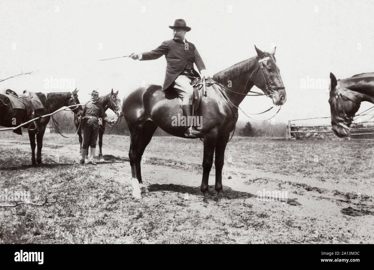 President Theodore Roosevelt on horseback. Stock Photo