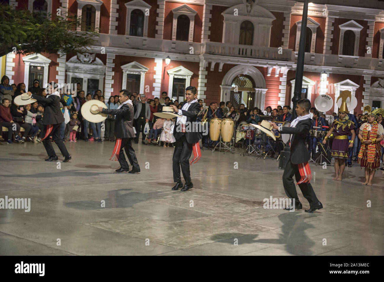 Dancing the marinera in the Plaza de Armas in Trujillo, Peru Stock
