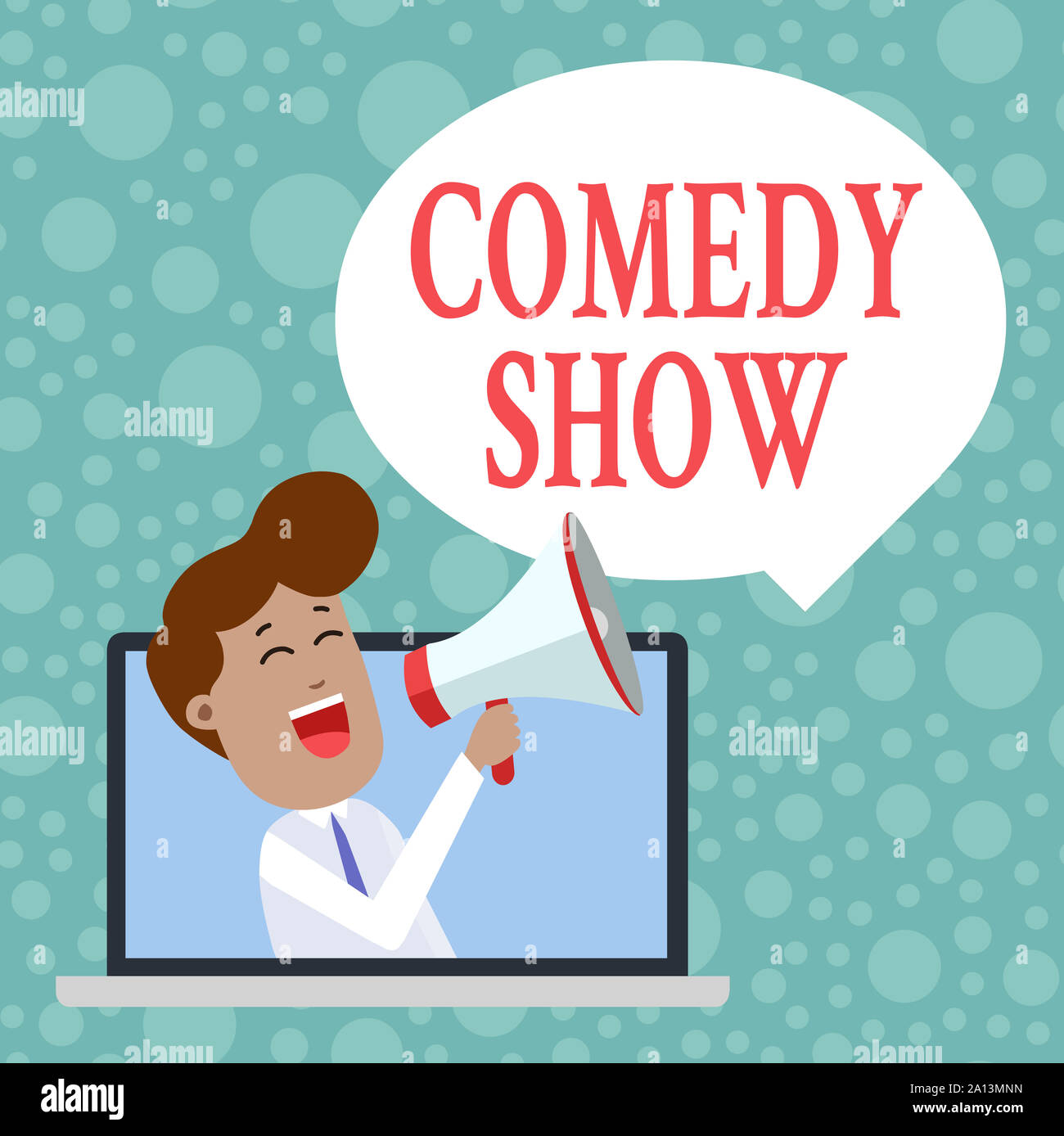 Handwriting text Comedy Show. Conceptual photo Funny program Humorous Amusing medium of Entertainment Man Speaking Through Laptop into Loudhailer Blan Stock Photo
