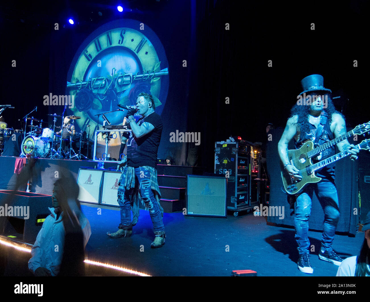 September 22, 2019, Hollywood, California, U.S: Singer Axl Rose, left, and  guitarist Slash of the rock band Guns N' Roses perform live on stages  during a concert at the Hollywood Palladium. (Credit