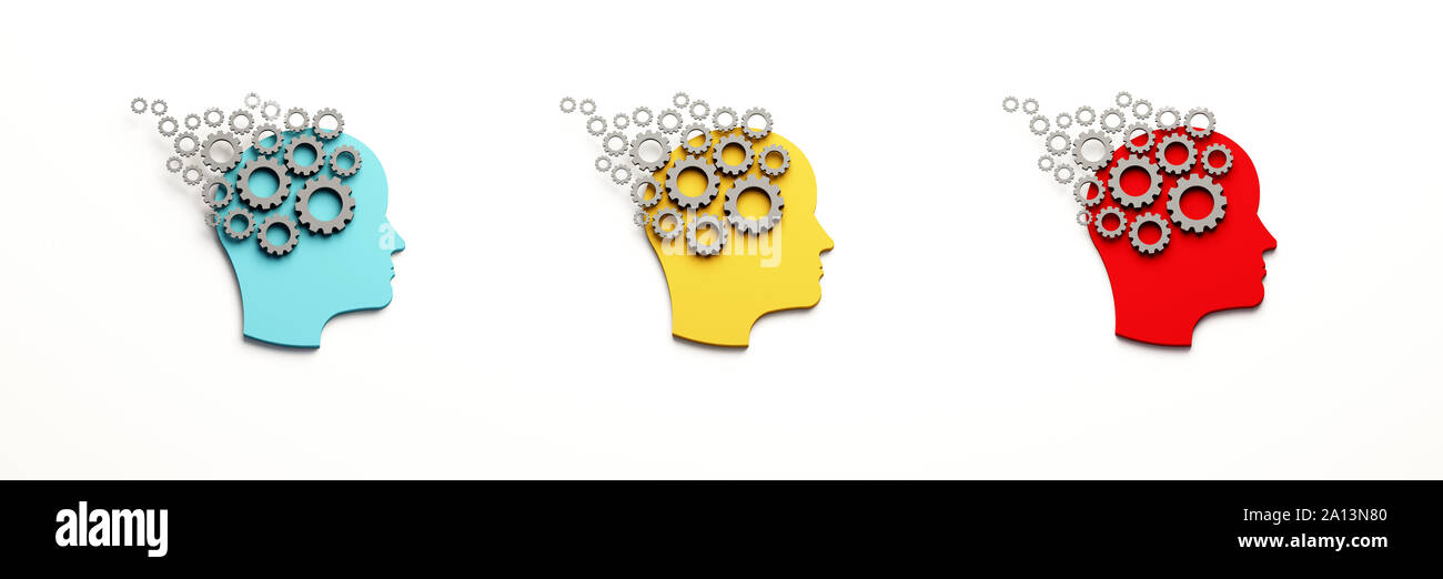 Three Head gears group concept of memory training logo. Abstraction of thinking mind. This illustration serves as idea of teamwork mind working think Stock Photo