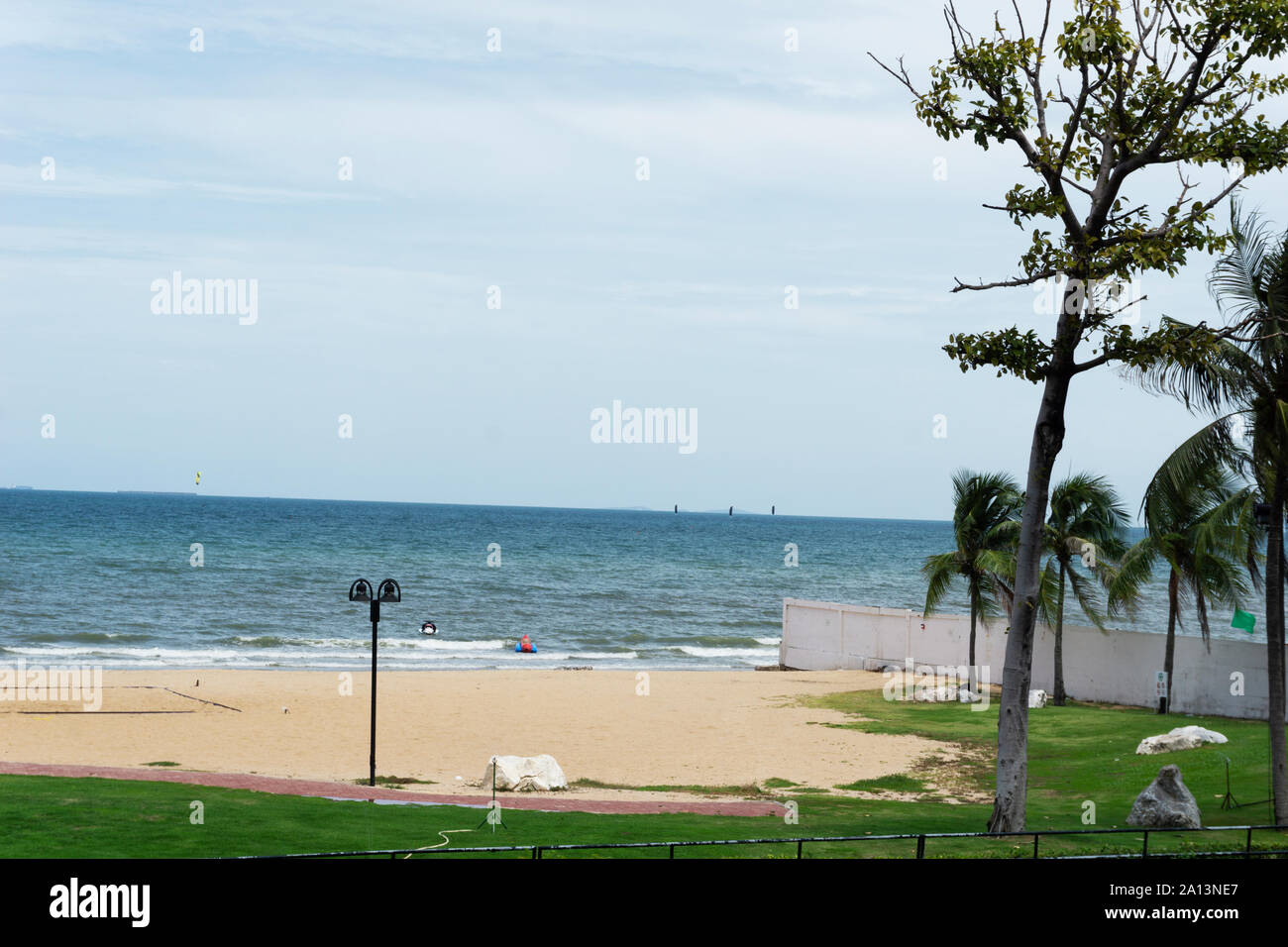 Palm trees by the beach with clear blue sky and ocean view Stock Photo ...