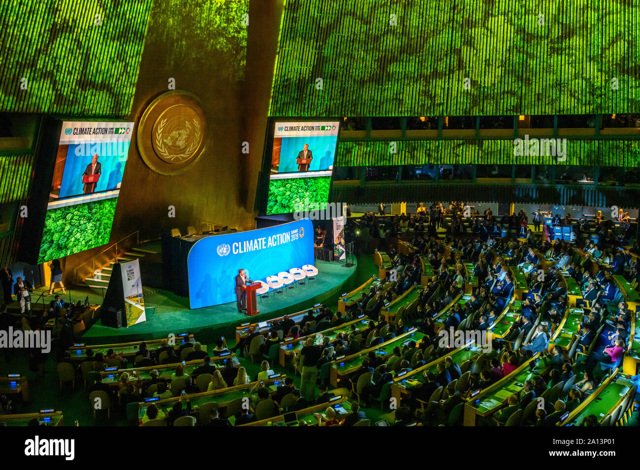 New York, USA,  23 September 2019.  UN Secretary-General António Guterres speaks at the opening of the UN Climate Action Summit 2019 against a giant audiovisual projection at the United Nations headquarters in New York City.   Credit: Enrique Shore/Alamy Live News Stock Photo