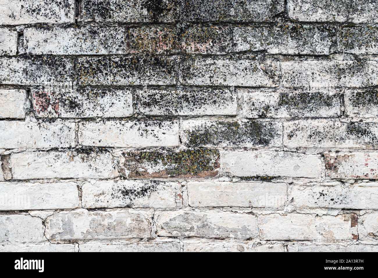 Old white brick wall background with cracks and moss Stock Photo