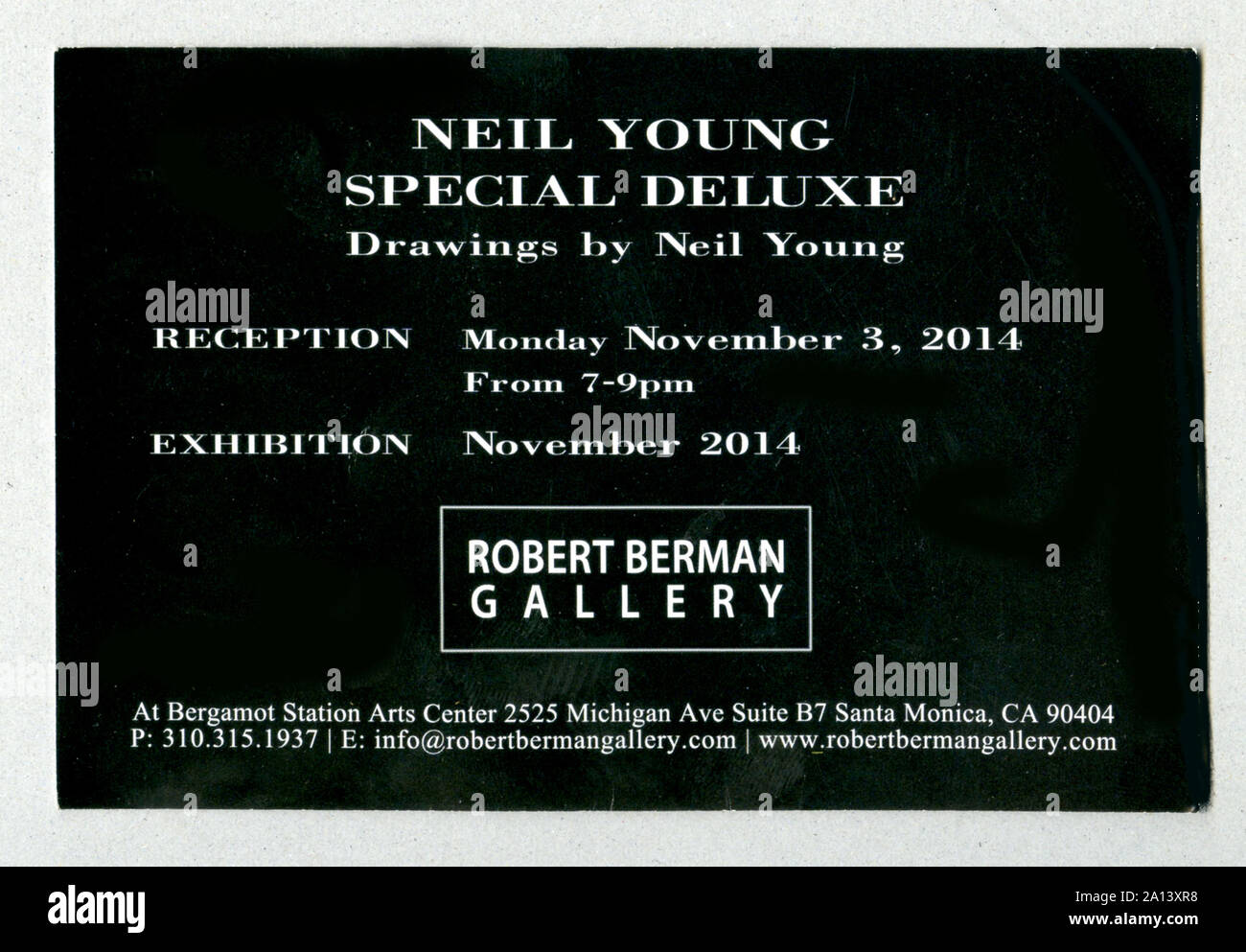 Gallery announcement of art exhibition by rock star Neil Young at the Robert Berman Gallery in Santa Monica, CA,2014 Stock Photo