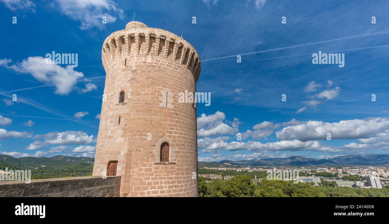 Panoramic view of Donjon tower. Bellver Castle (Castell de Bellver) Gothic-style fortress used as military prison now Palma de Mallorca History Museum Stock Photo