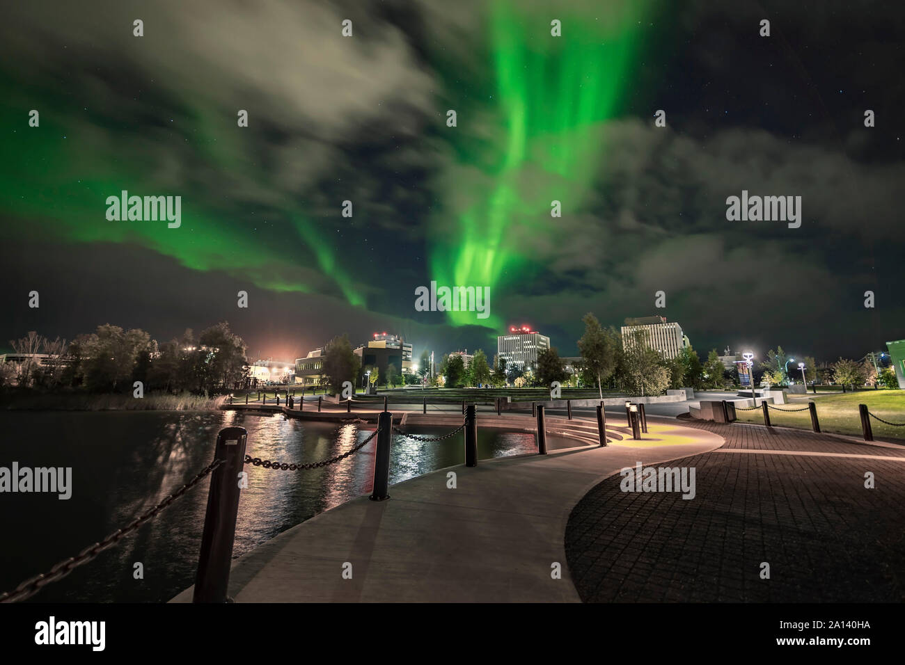 The northern lights over downtown Yellowknife, Northwest Territories, Canada. Stock Photo