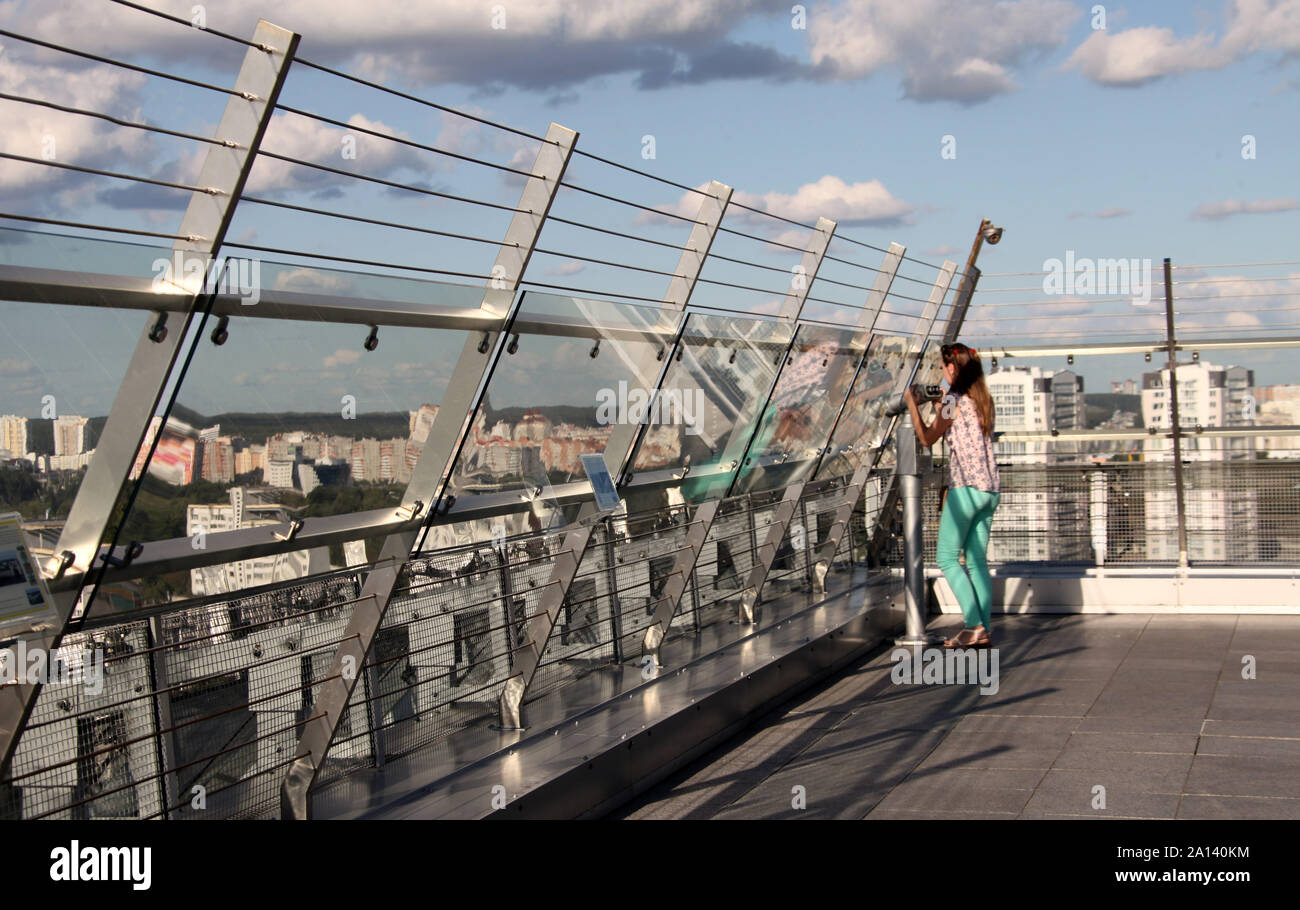 Tourist on the observation deck of the National Library of Belarus Stock Photo