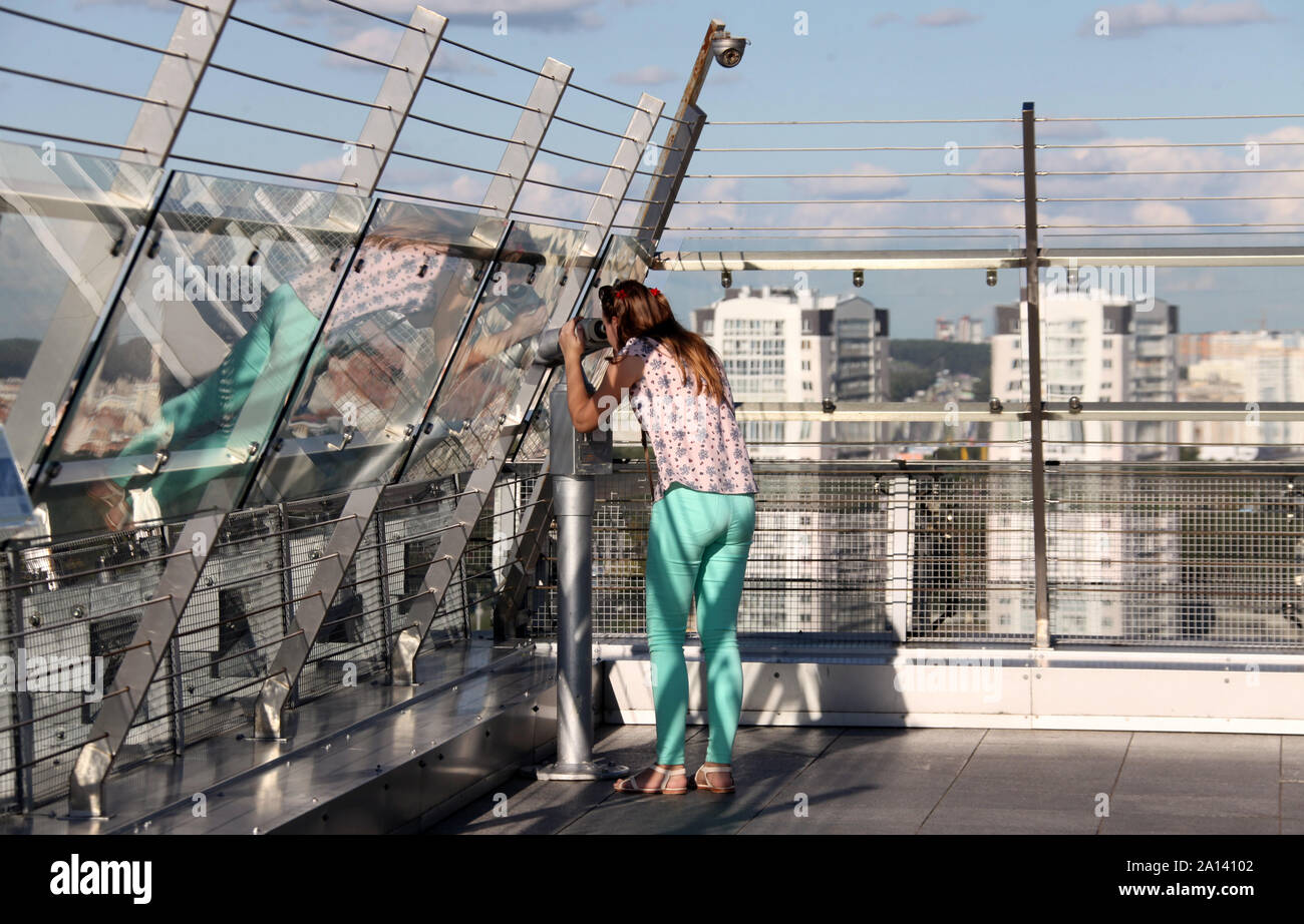 Tourist on the observation deck of the National Library of Belarus Stock Photo