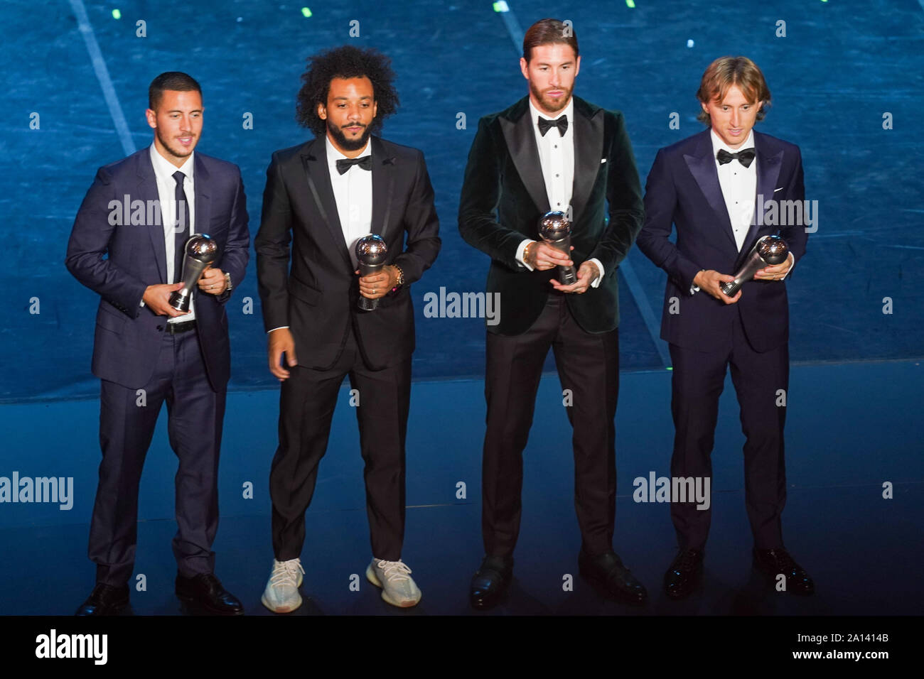 Milan, Italy. 23rd Sep 2019. Eden Hazard, Marcelo Vieira, Sergio Ramos and Luka Modric with their trophies during The Best FIFA Football Awards 2019 at the Teatro alla Scala, on September 23, 2019 in Milan, Italy, (Photo: Daniela Porcelli) Credit: Sport Press Photo/Alamy Live News Stock Photo