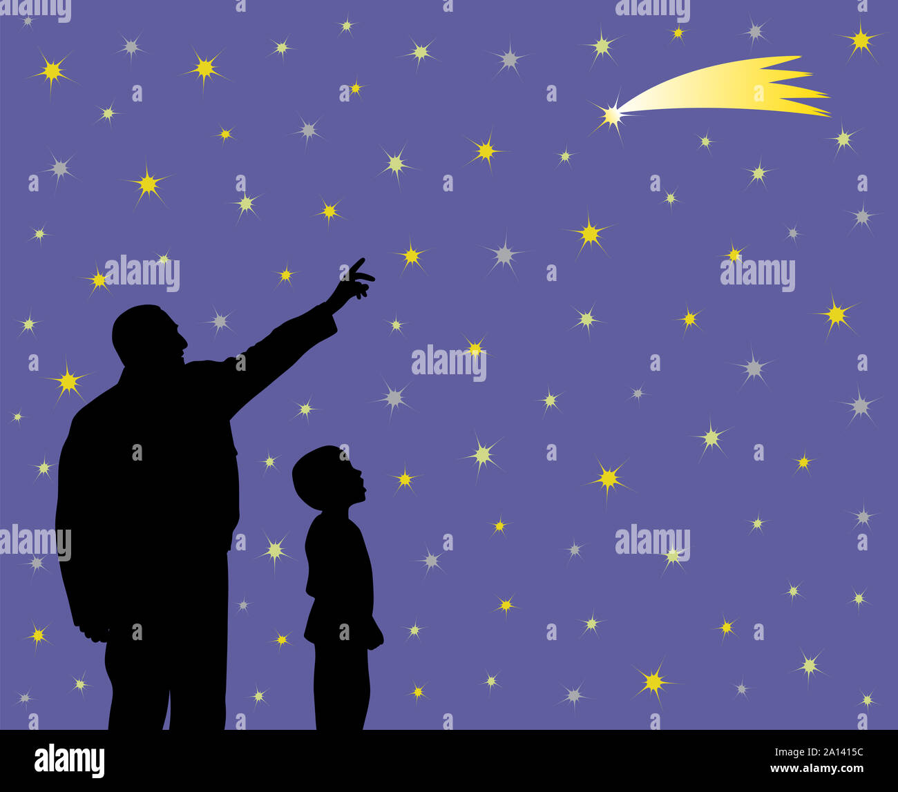 Father showing falling star to his amazed child. Father teaching kid about science, astronomy and his son can make a wish by seeing at shooting star. Stock Photo