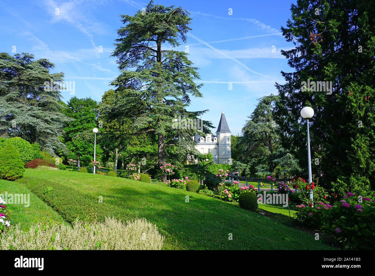 EVIAN-LES-BAINS, FRANCE -24 JUN 2019- View of the landmark Residences du Parc, where the 1962 Evian Accords ending the French Algerian were signed ove Stock Photo