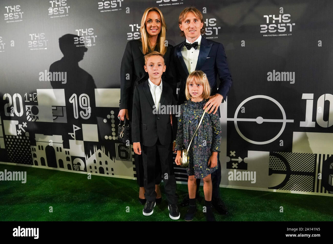 Milan, Italy. 23rd Sep 2019. Luka Modric a professional football player for Real Madrid and Crotia with his family on the green carpet during The Best FIFA Football Awards 2019 at the Teatro alla Scala, on September 23, 2019 in Milan, Italy, (Photo: Daniela Porcelli) Credit: Sport Press Photo/Alamy Live News Stock Photo