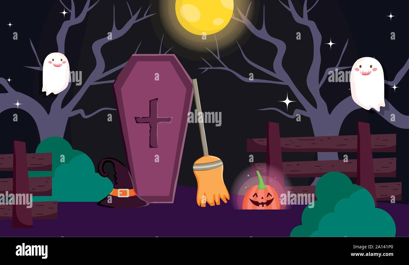 ghosts lantern pumpkin broom hat coffin trick or treat - happy ...