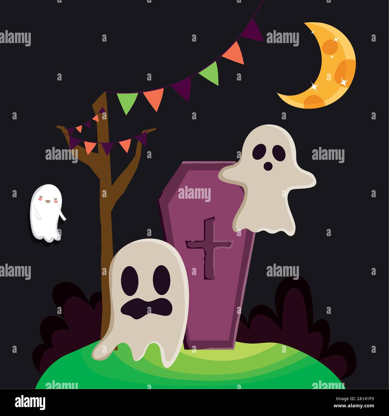 ghosts coffin celebration trick or treat - happy halloween vector ...
