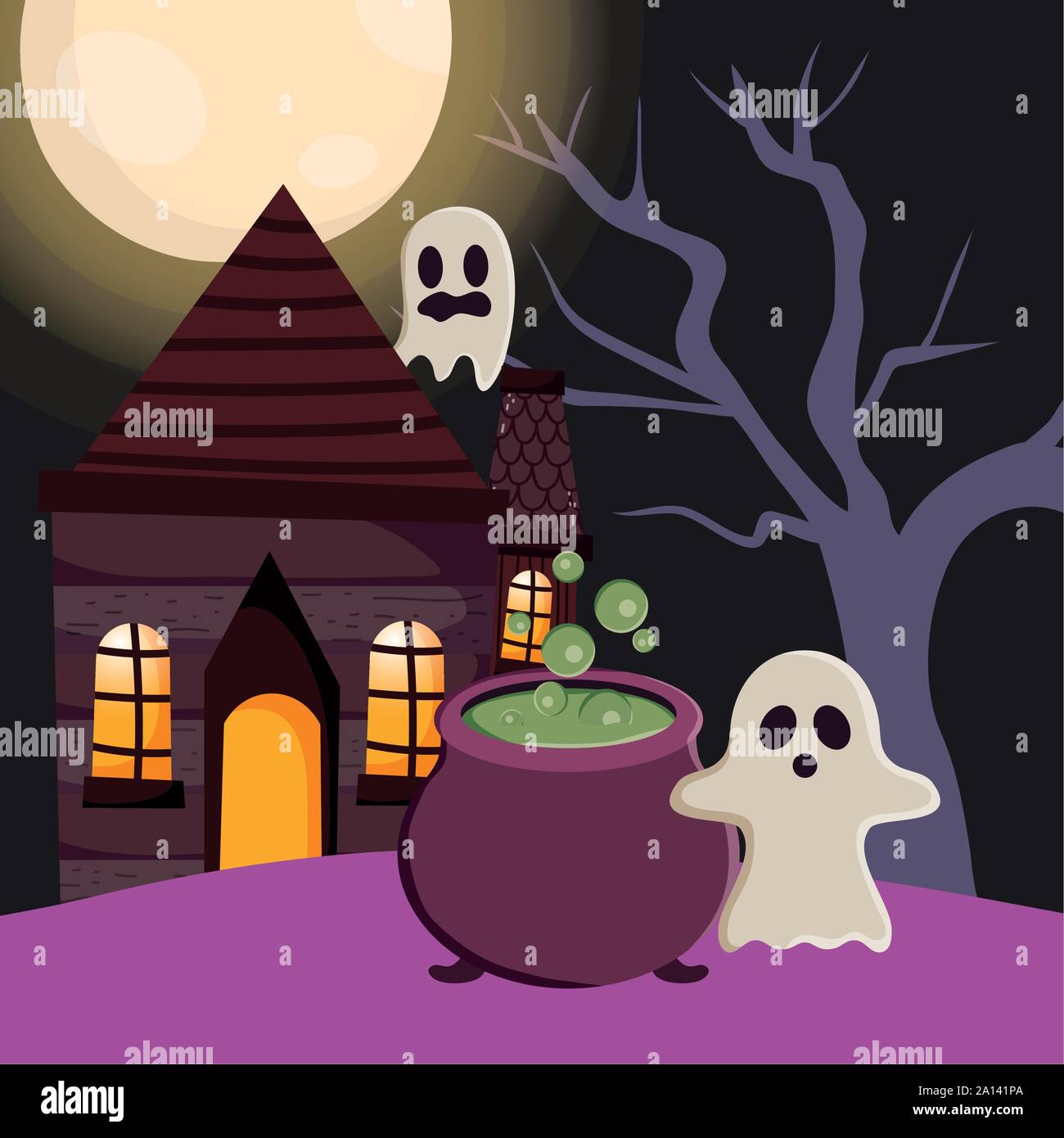 ghost cauldron and house trick or treat - happy halloween vector ...
