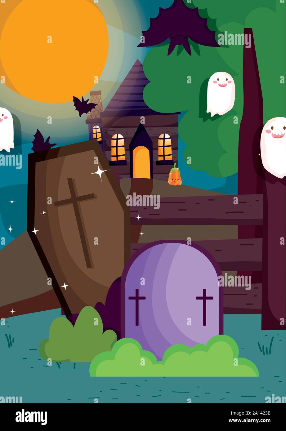 coffin gravestone and house trick or treat - happy halloween vector ...