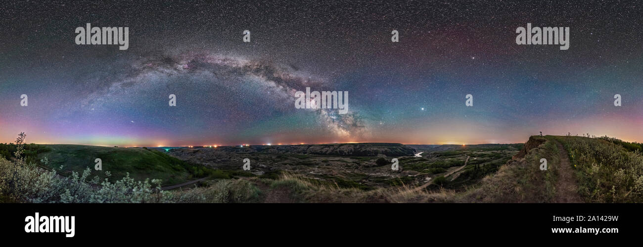 360 degree panorama of the arch of the Milky Way over the Red Deer River valley, Canada. Stock Photo