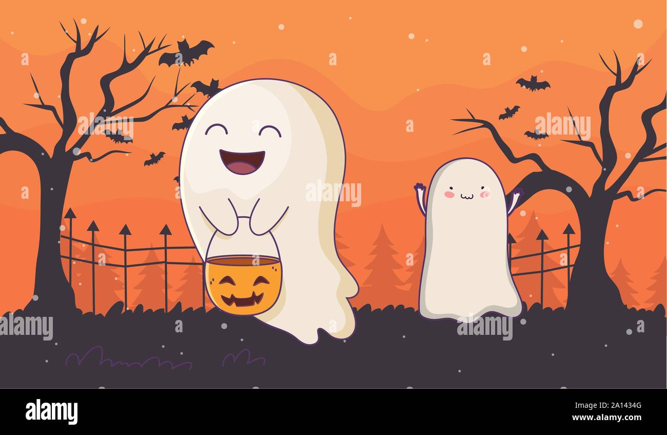 happy ghost with bucket pumpkin trick or treat - happy halloween vector ...
