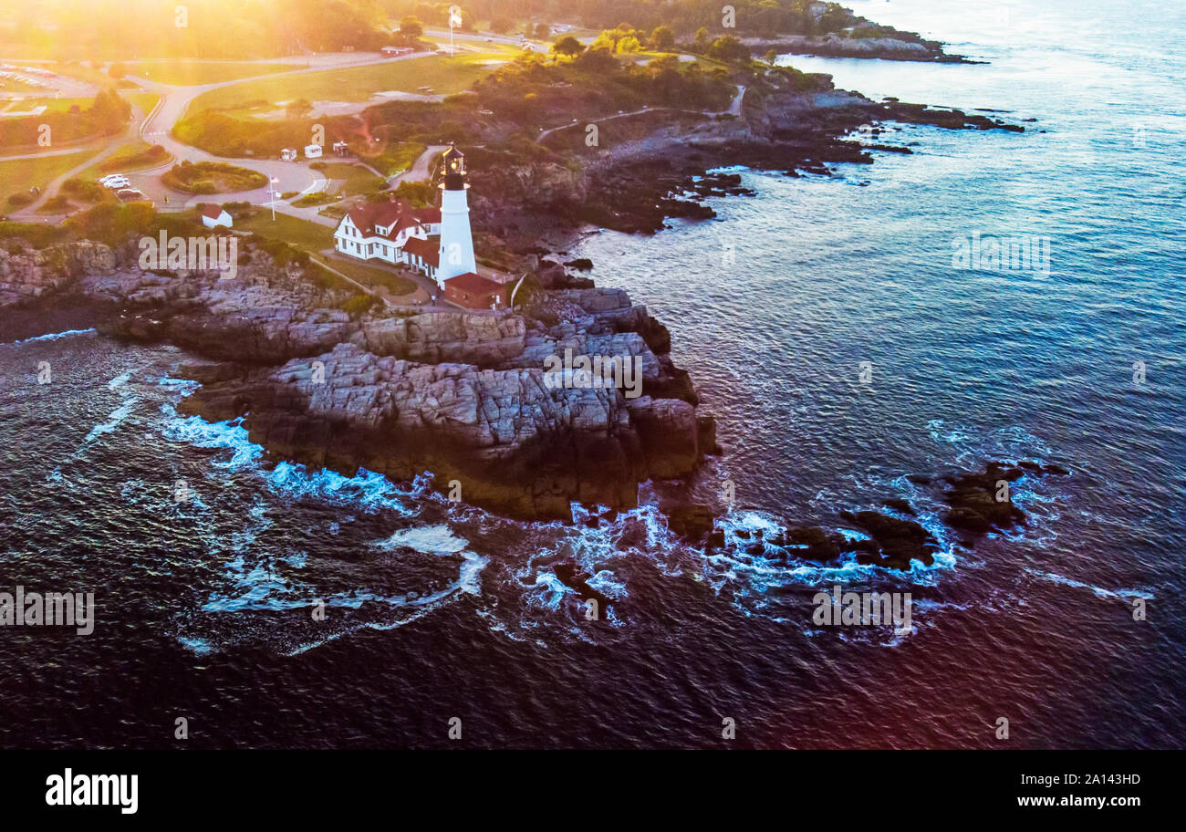 Cape Elizabeth Lighthouse aerial view Stock Photo