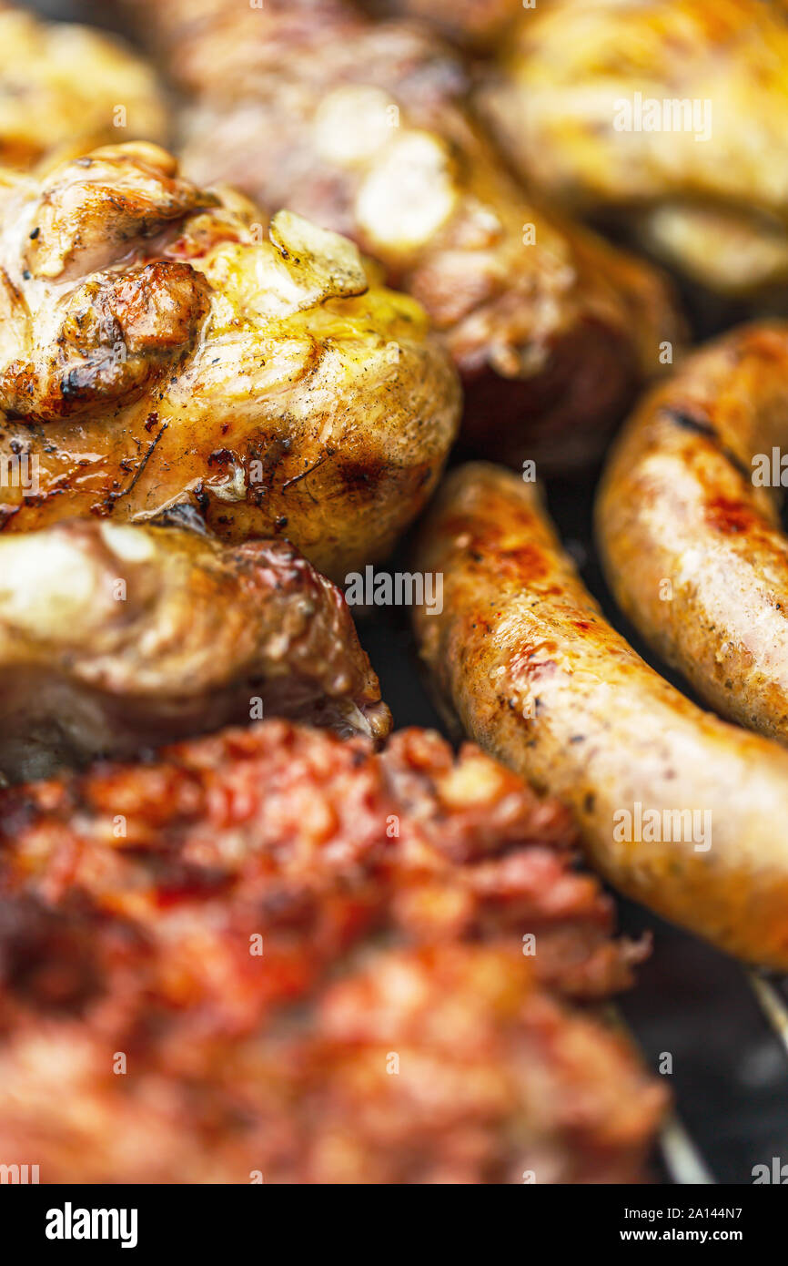 Barbeque grill mixed meat cooking on open air Stock Photo